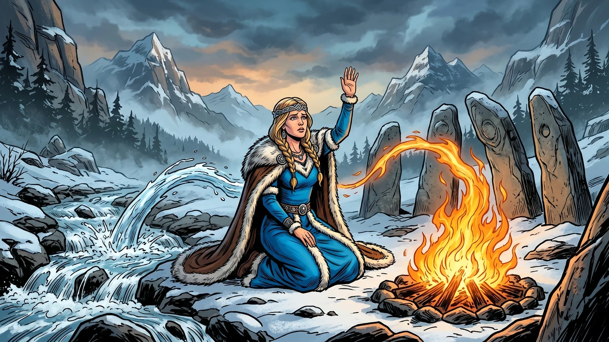 The Norse goddess Frigg kneels in the snowy wilderness gathering protective oaths from fire, water and stone for her son Baldur.