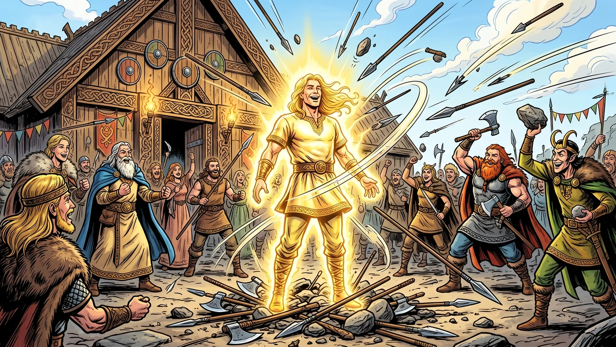 The gods of Asgard joyfully hurl spears, axes and stones at the invulnerable Baldur, who stands unharmed and laughing.