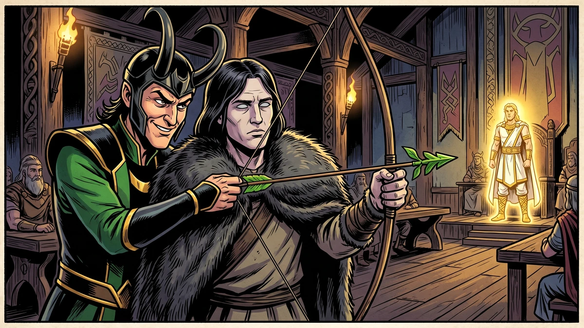 The trickster Loki guides the blind god Hodur's hand to aim the fatal mistletoe dart at the glowing god Baldur.