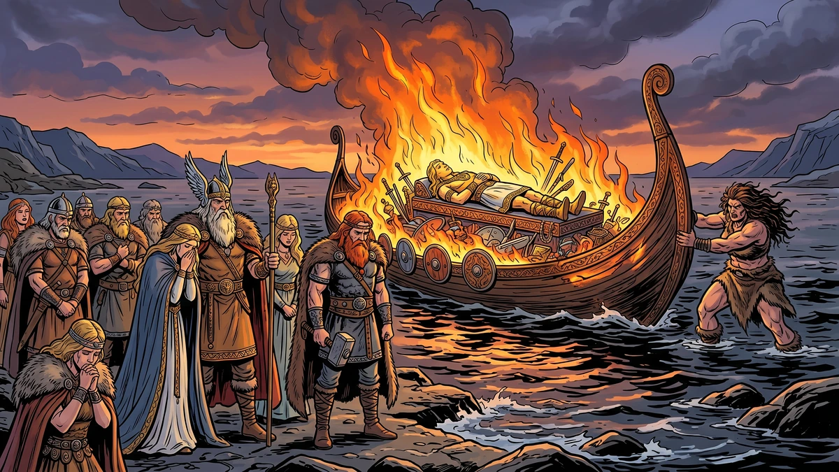 Baldur's body burns upon his longship at his seashore funeral as the grieving Norse gods watch a giantess launch the pyre.