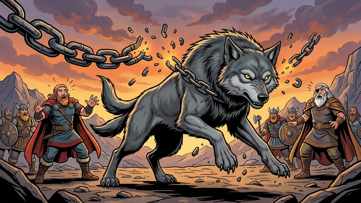The wolf Fenrir shatters a massive iron chain as the Norse gods watch in fear.