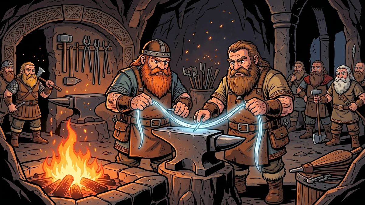 Dwarf smiths craft the soft magical ribbon Gleipnir in their underground forge.