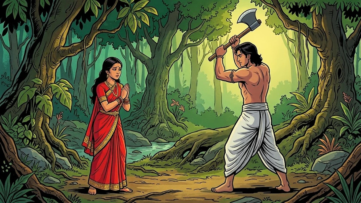 Savitri and Satyavan in forest, he holds an axe, she watches with sadness