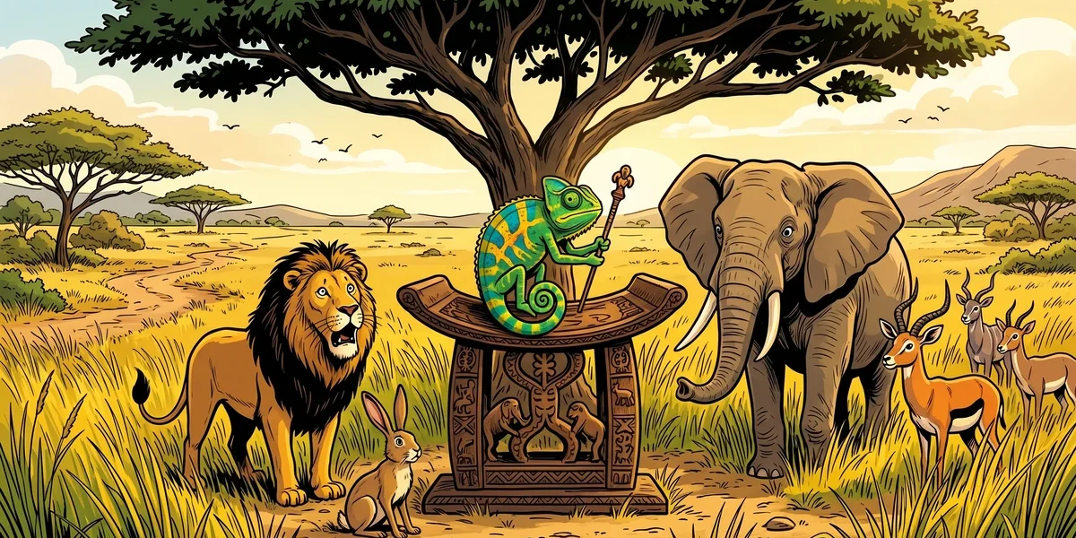 King Chameleon sits on the carved royal stool beneath the great savannah tree as the animals look on