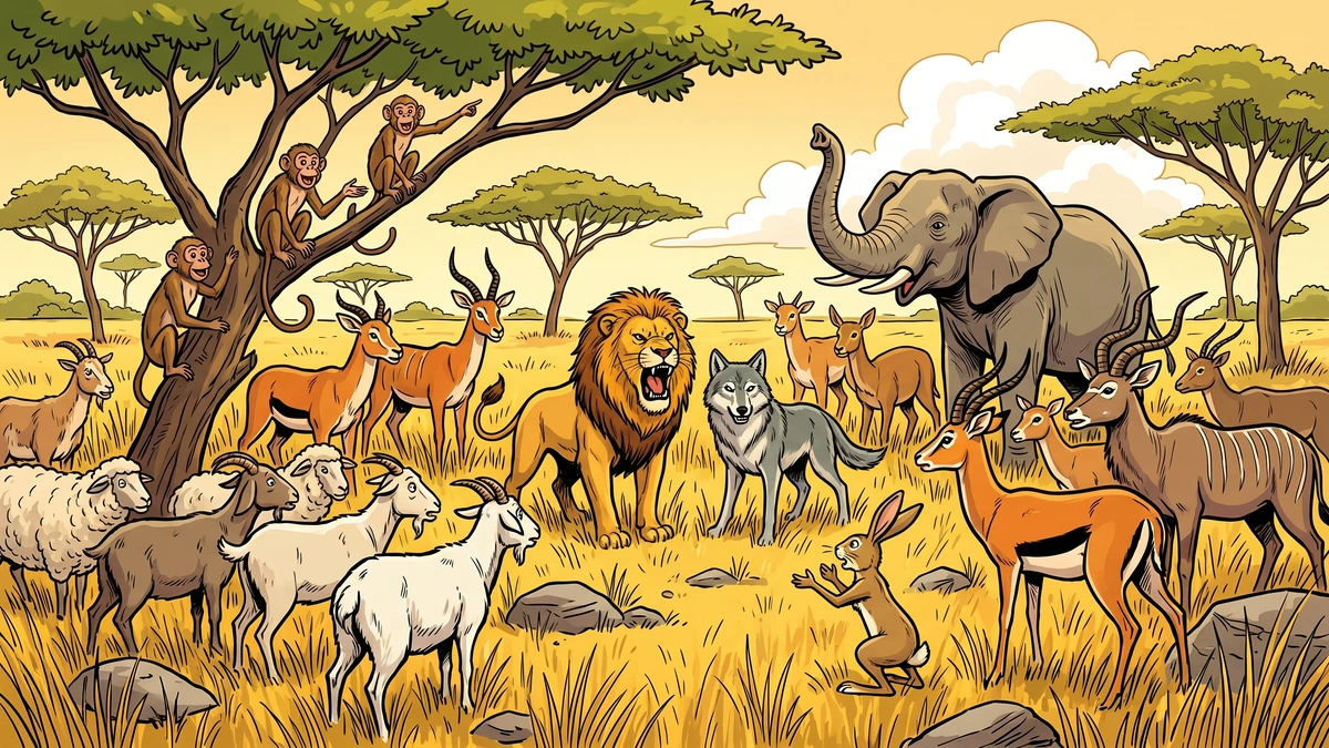 The savannah animals gather in council under the acacia trees to choose a king
