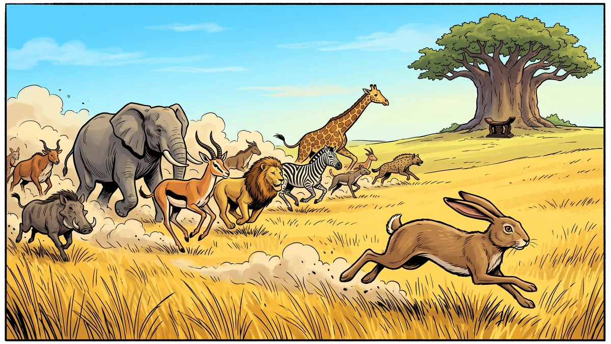 The swift hare races far ahead of the other animals toward the sacred stool
