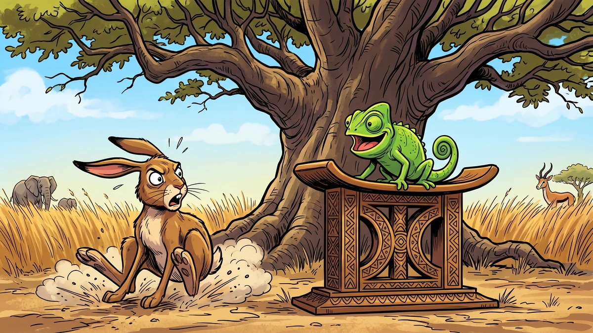 The astonished hare arrives to find the clever chameleon already seated on the sacred stool
