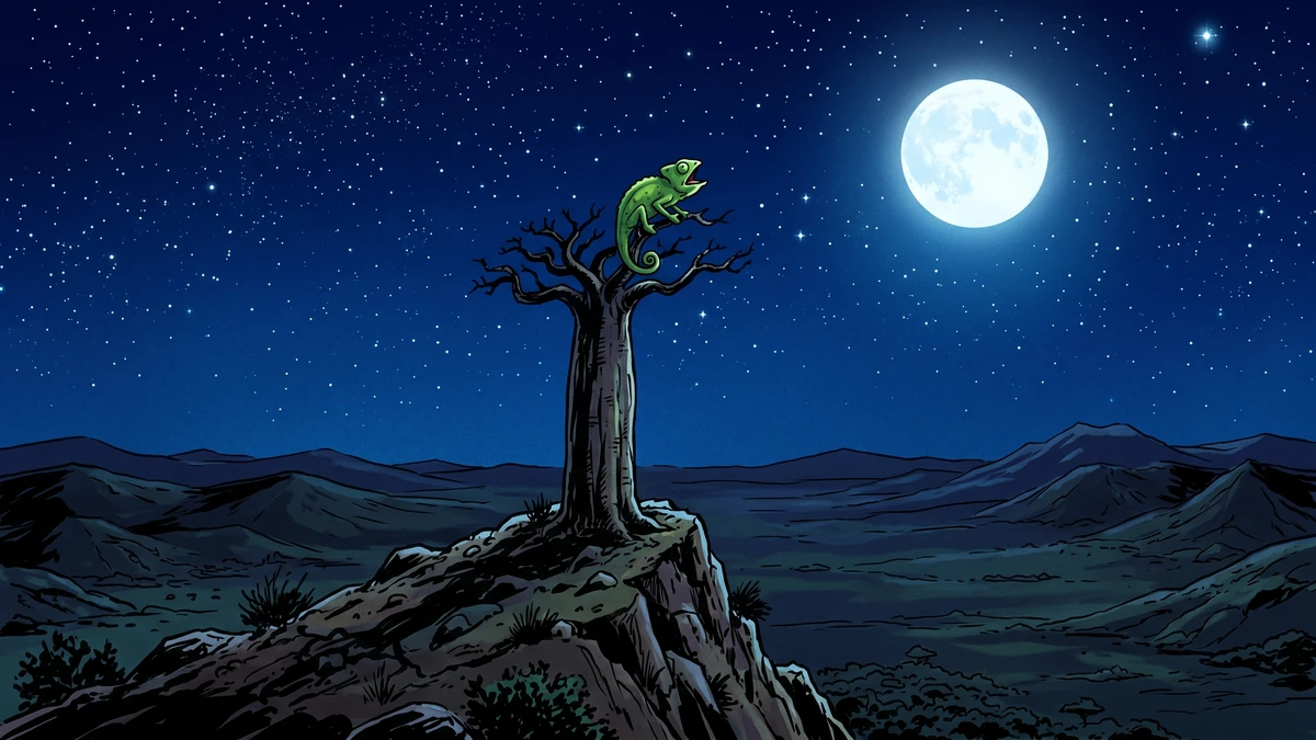 King Chameleon calls alone into the night from the top of a high mountain tree