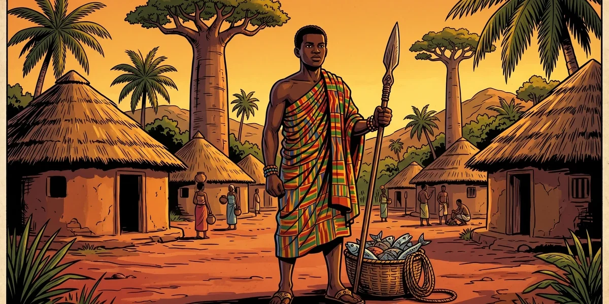 Kwofi the young Akan hunter stands proudly in his Gold Coast village at golden dusk