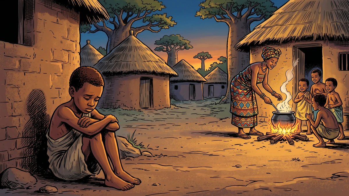 The orphan boy Kwofi sits alone and sad while his stepmother feeds her own children by the fire