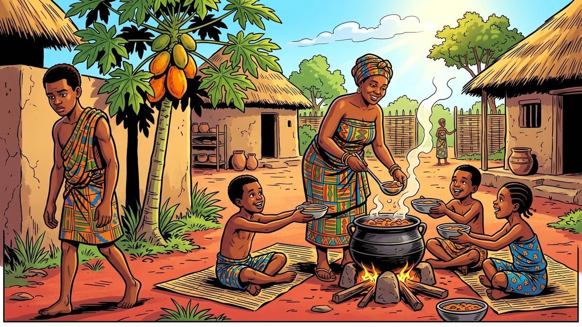 The stepmother ladles meat to her children while Kwofi turns away hungry toward the paw-paw tree