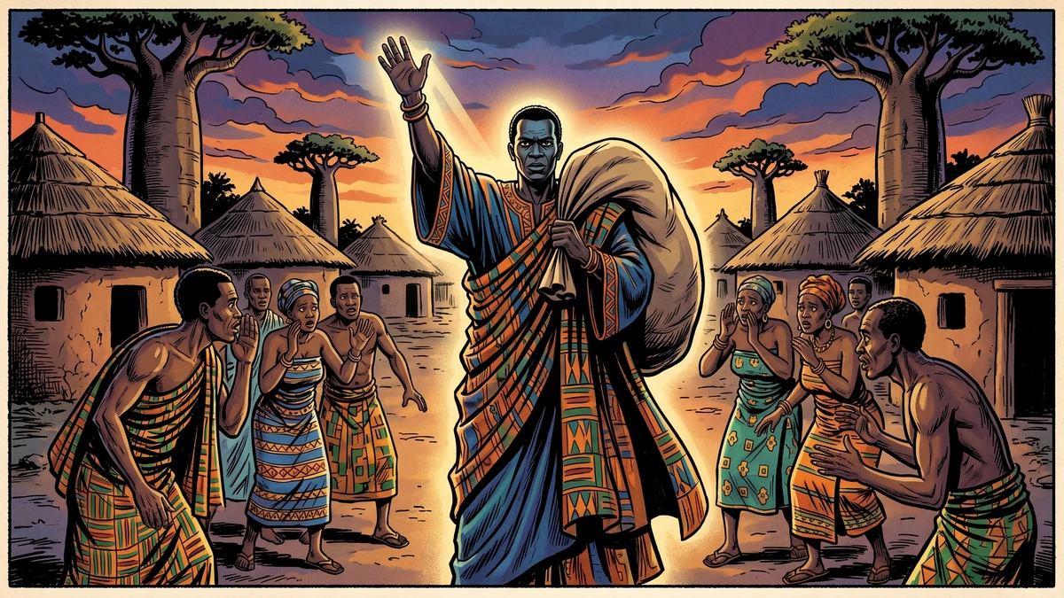 A god carrying the great bag of death summons the frightened villagers in the Akan village