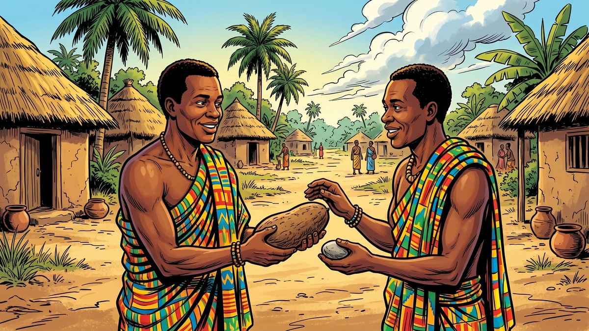 The two friends exchange gifts on the village path, trading a large yam for a small round stone