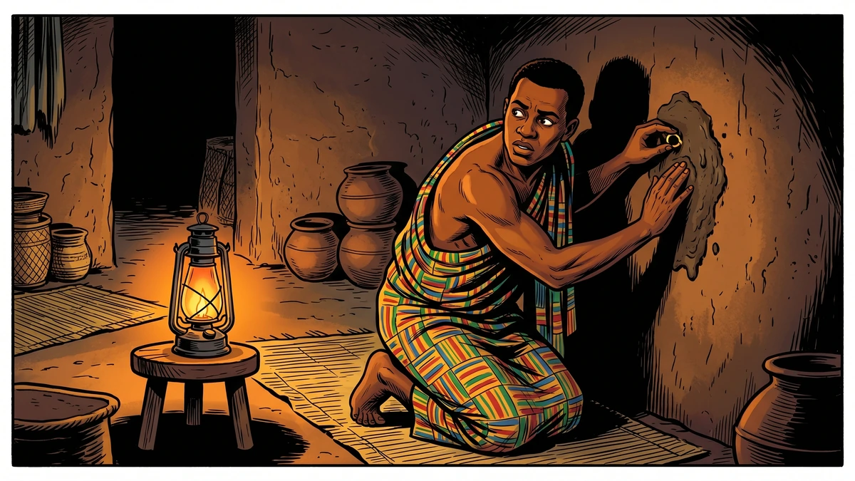 Maku Mawu secretly hides the King's gold ring inside the clay wall of his house by lamplight