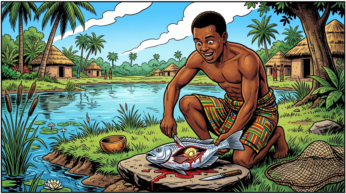 Maku Mawu kneels by the pool and finds the lost gold ring inside a freshly caught fish
