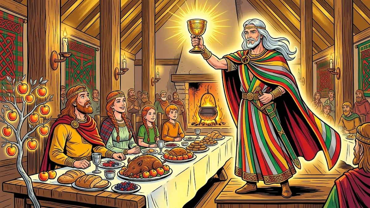Manannán mac Lir revealed in his radiant true form, raising the Cup of Truth above the banquet