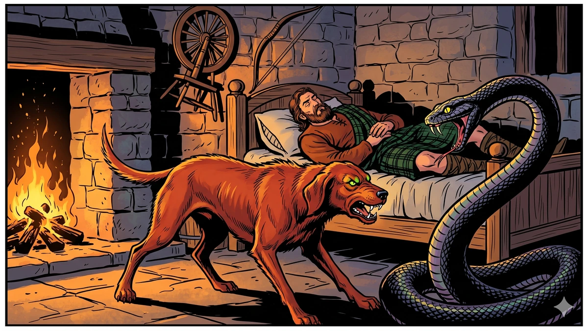 The russet hound defends a sleeping Highland warrior from a black serpent in a stone cottage