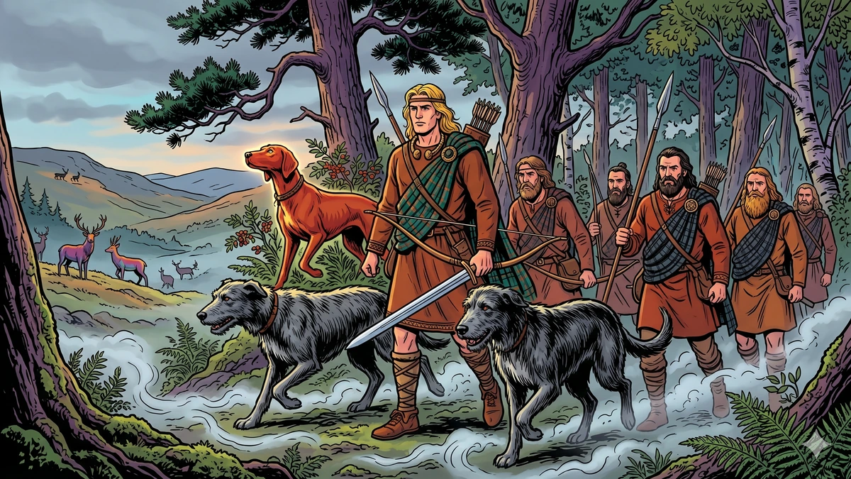 The russet hound following a Fenian hunting band through a misty Highland deer forest