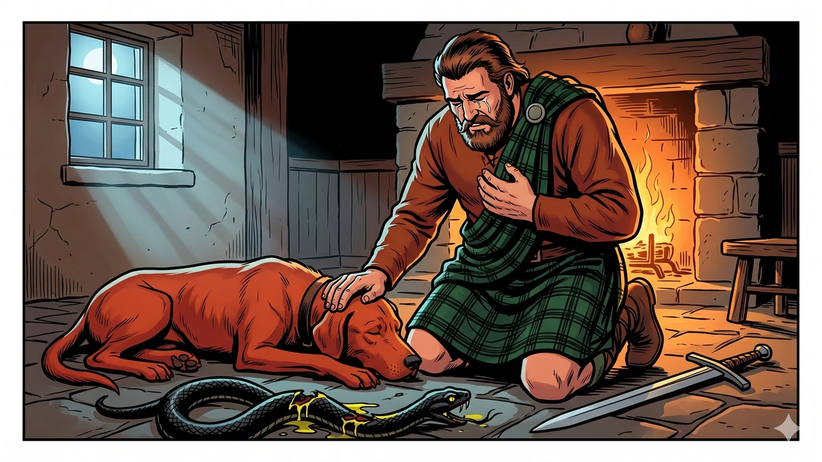 A Highland warrior grieves over the slain russet hound with the dead serpent it killed beside them