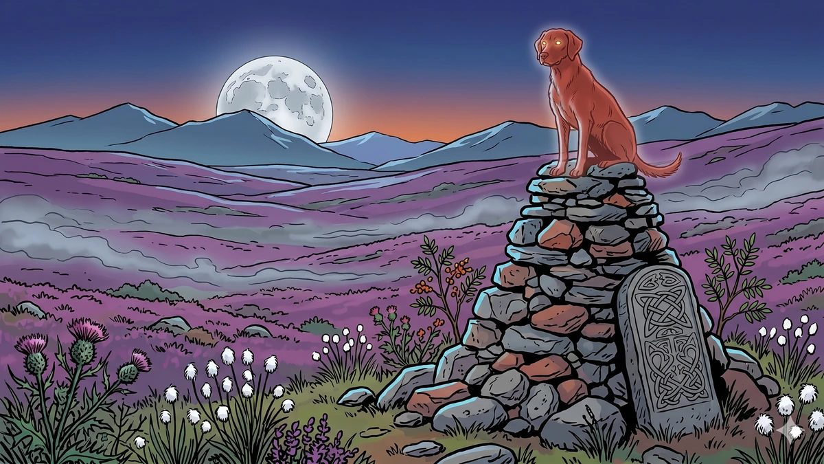 A Highland cairn memorial at dusk where the russet hound's spirit stands watchful