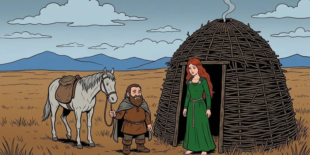 Princess Finola and the Dwarf - Edmund Leamy 1890 - cover - dwarf brings corn to Finola at the beehive hut on the lonely moor