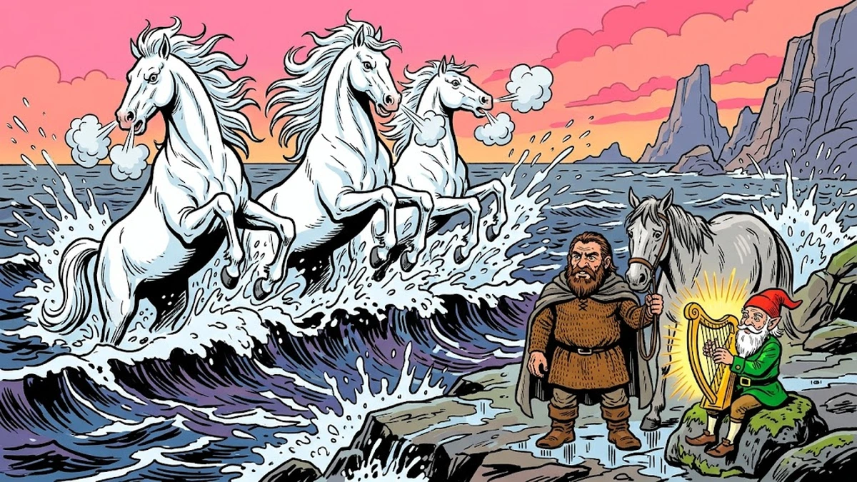 Princess Finola and the Dwarf - the three white water-steeds rear from the sea while the fairy harper plays the Strains of Slumber