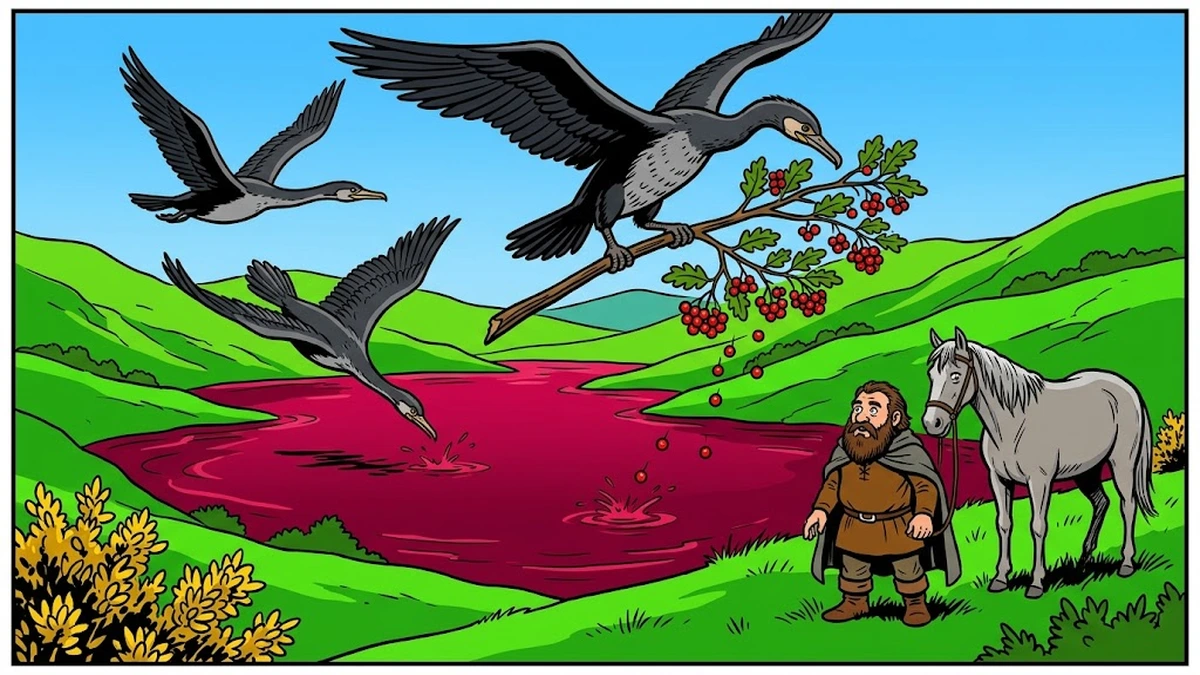 Princess Finola and the Dwarf - the three Cormorants of the Western Seas drop the wine-red berries into the Mystic Lake