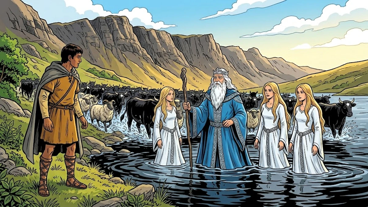 Shepherd of Myddvai - scene 2 - ACK style Welsh folk tale illustration