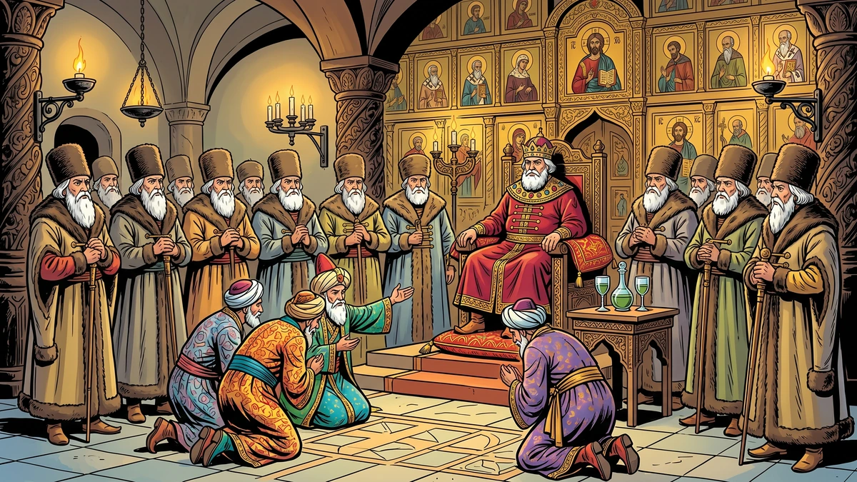 Tsar Archidei in his throne hall with twelve boyar advisers and three merchant guests