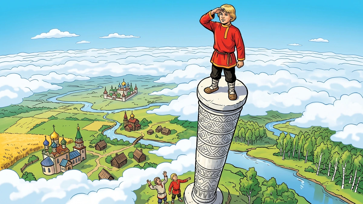 The second Simeon stands atop a towering white stone column reaching the clouds
