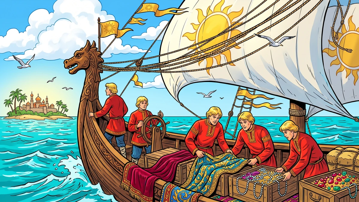 The five Simeon brothers sail the wonder-ship across the sea toward Buzan