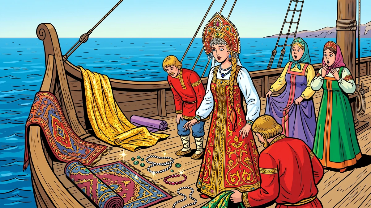 Princess Helena admires the treasures aboard the merchants ship