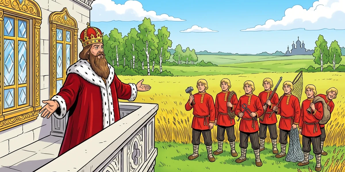Seven Simeons - tsar Archidei addresses seven peasant brothers in the wheat field