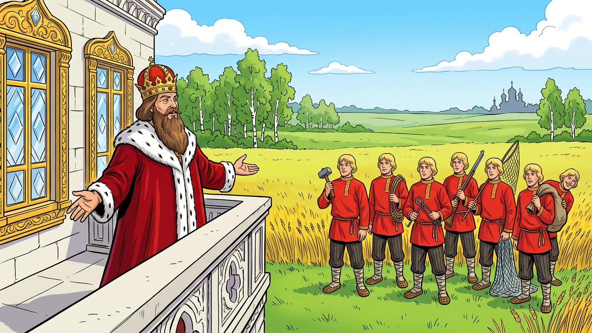 Seven Simeons - tsar Archidei addresses seven peasant brothers in the wheat field