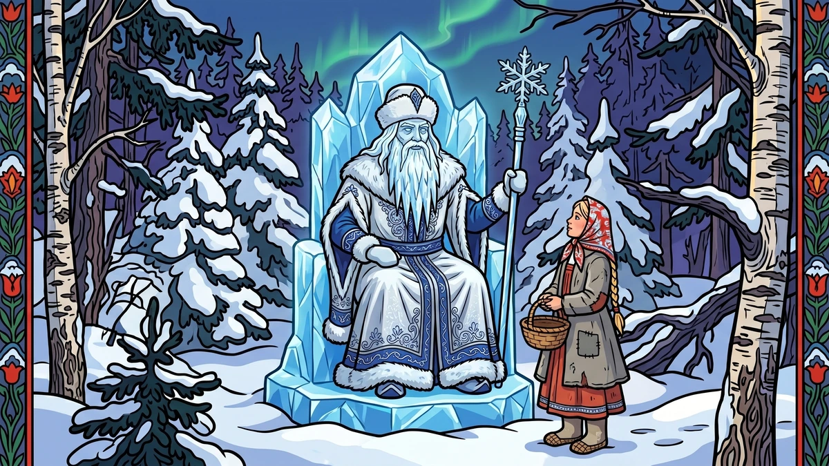 Morozko, the Russian Frost King, on his ice throne with Marusha — Bilibin-style cover illustration