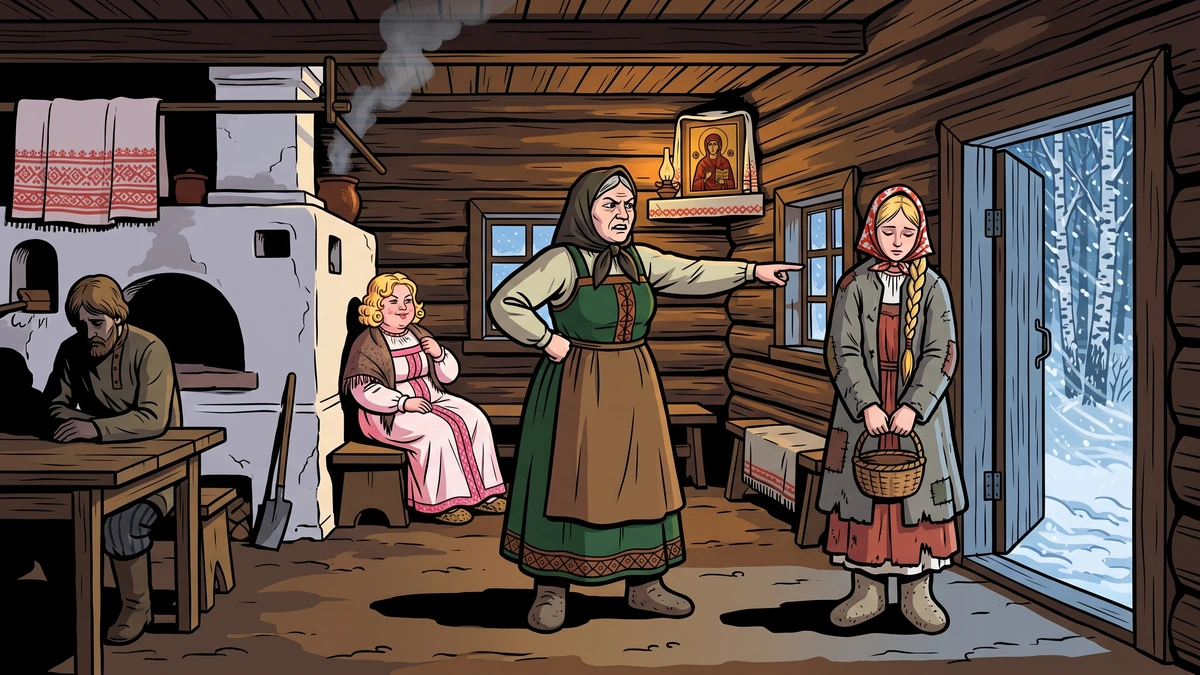Russian peasant izba interior — cruel stepmother sends Marusha into the blizzard