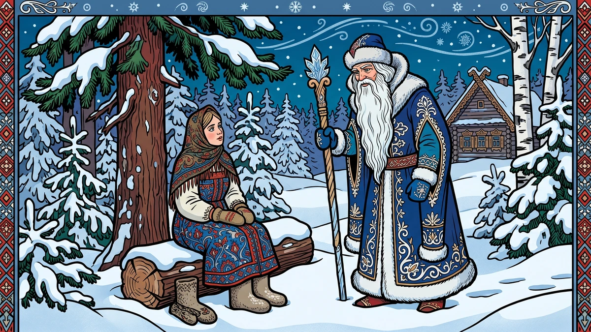 Marusha alone in the snowy Russian birch forest meets Morozko the Frost King
