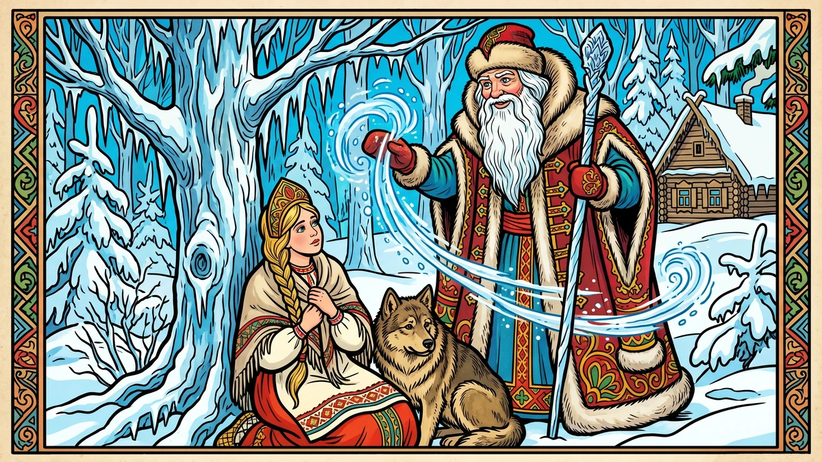 Morozko bestows the gift of warmth and golden reward upon the kneeling Marusha