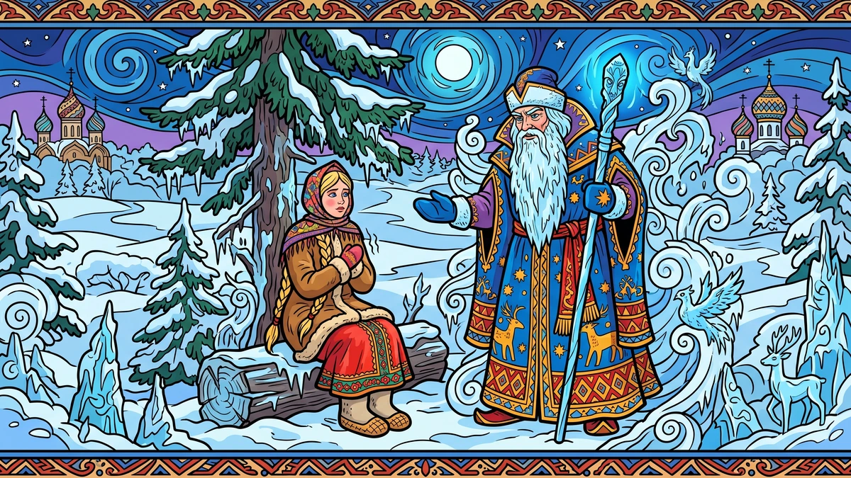 Marusha and Morozko in the Russian winter forest at the close of the tale, Bilibin-style border