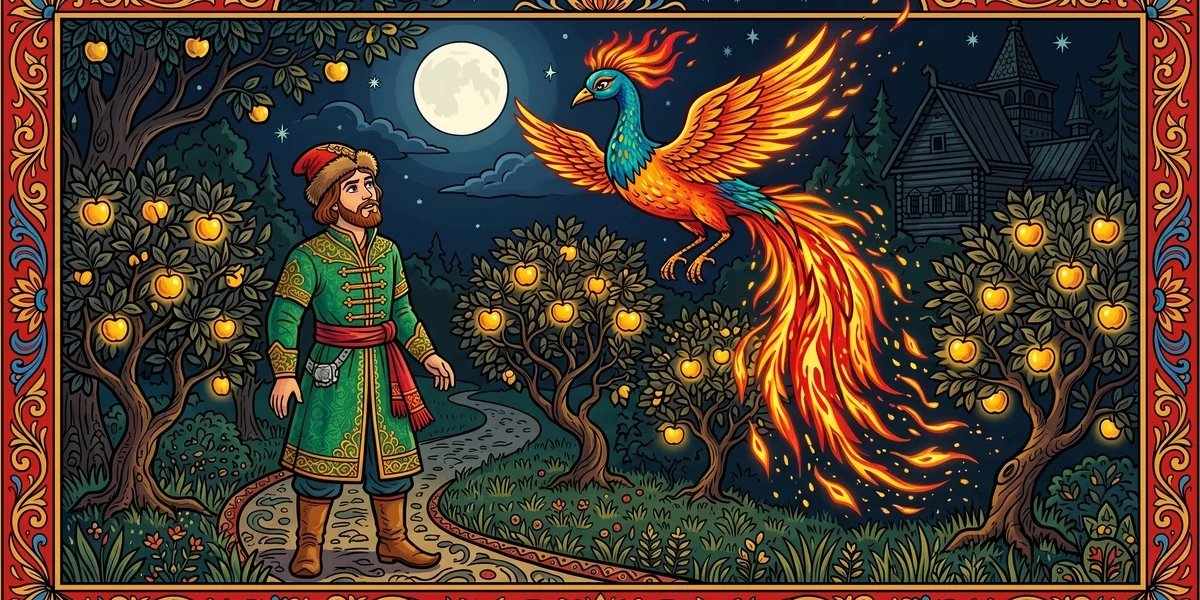 Prince Ivan Tsarevich watches the Firebird descend into the moonlit orchard of Tsar Vyslav — Russian folk tale cover illustration