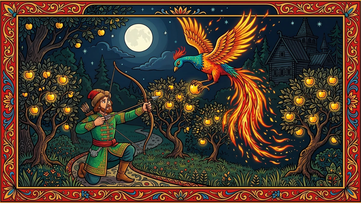Ivan Tsarevich draws his bow as the Firebird with feathers of flame descends into the moonlit orchard at midnight