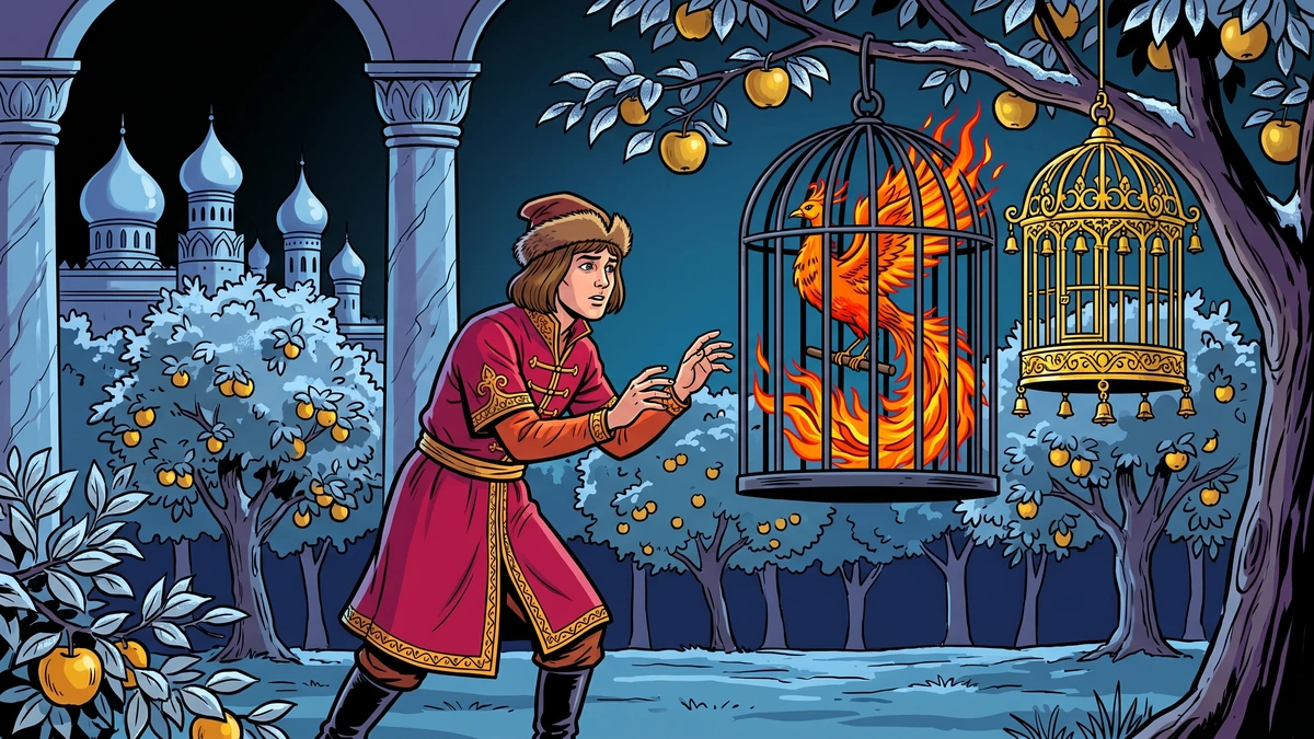 Ivan in Tsar Dolmat's moonlit orchard reaches for the firebird in the iron cage; the bell-laden gold cage hangs beside