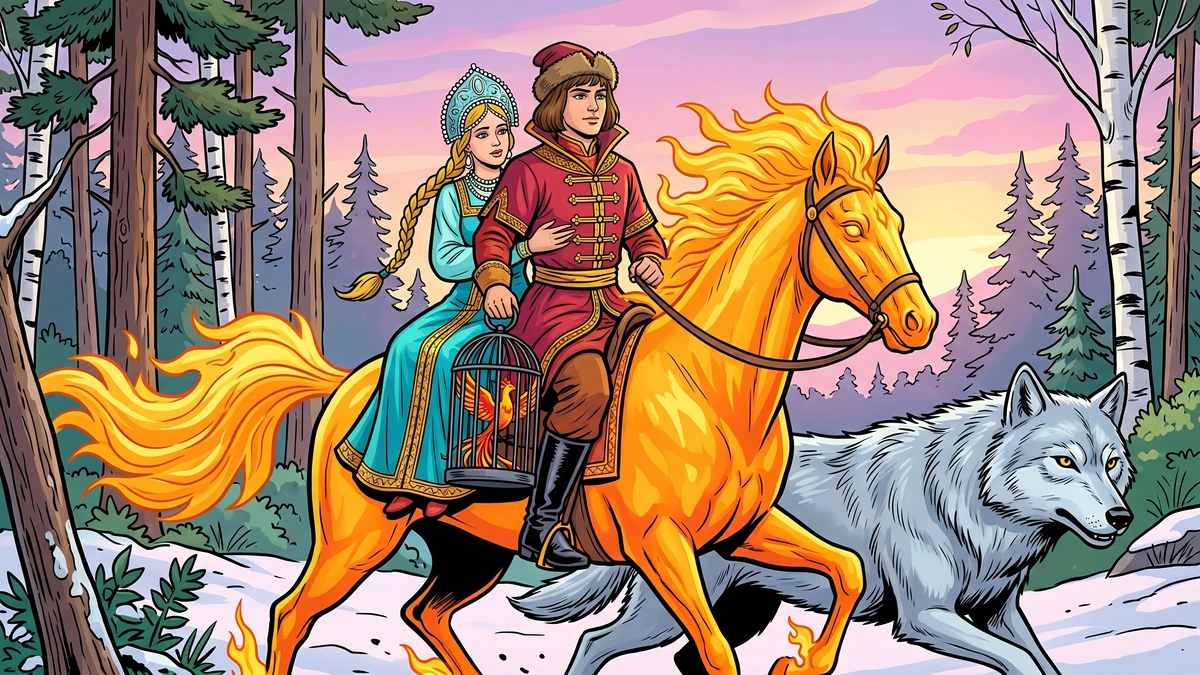 Ivan and Princess Yelena ride the Horse-of-Fire through a Russian birch forest at dawn; the loyal Grey Wolf runs beside