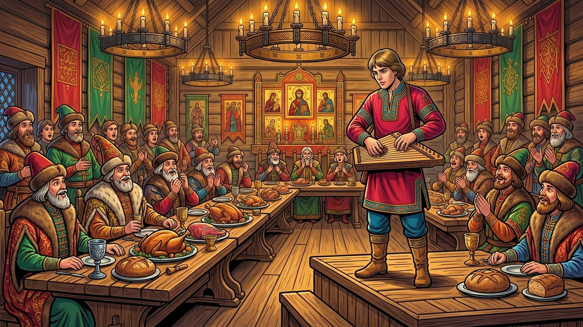 Young Sadko plays the gusli at a Novgorod boyar feast as wealthy Russian merchants listen enraptured