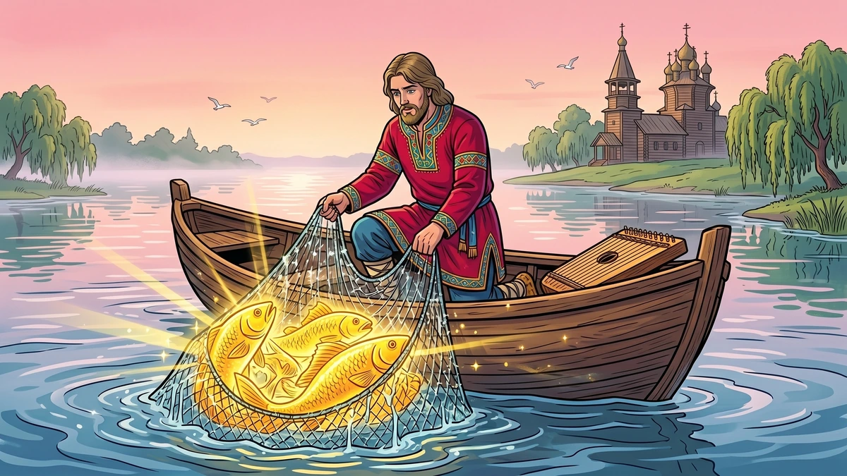 Sadko hauls a net of three golden-finned fish into his boat at dawn on Lake Ilmen