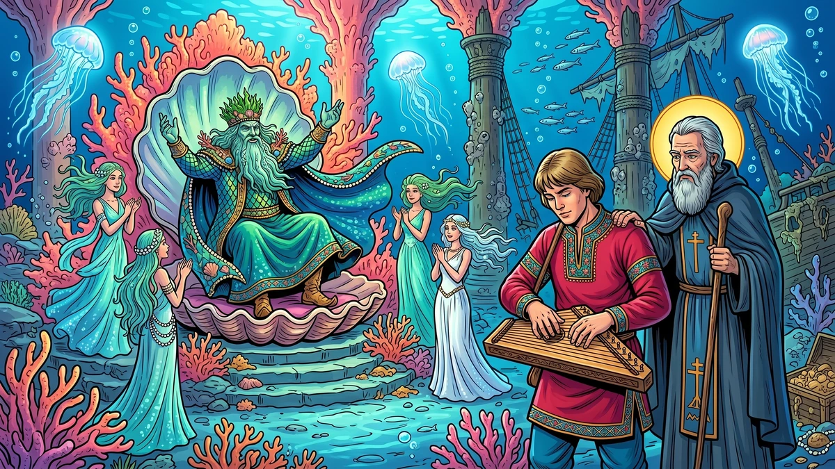 Inside the underwater coral palace Sadko plays as the Sea Tsar dances and Saint Nicholas appears