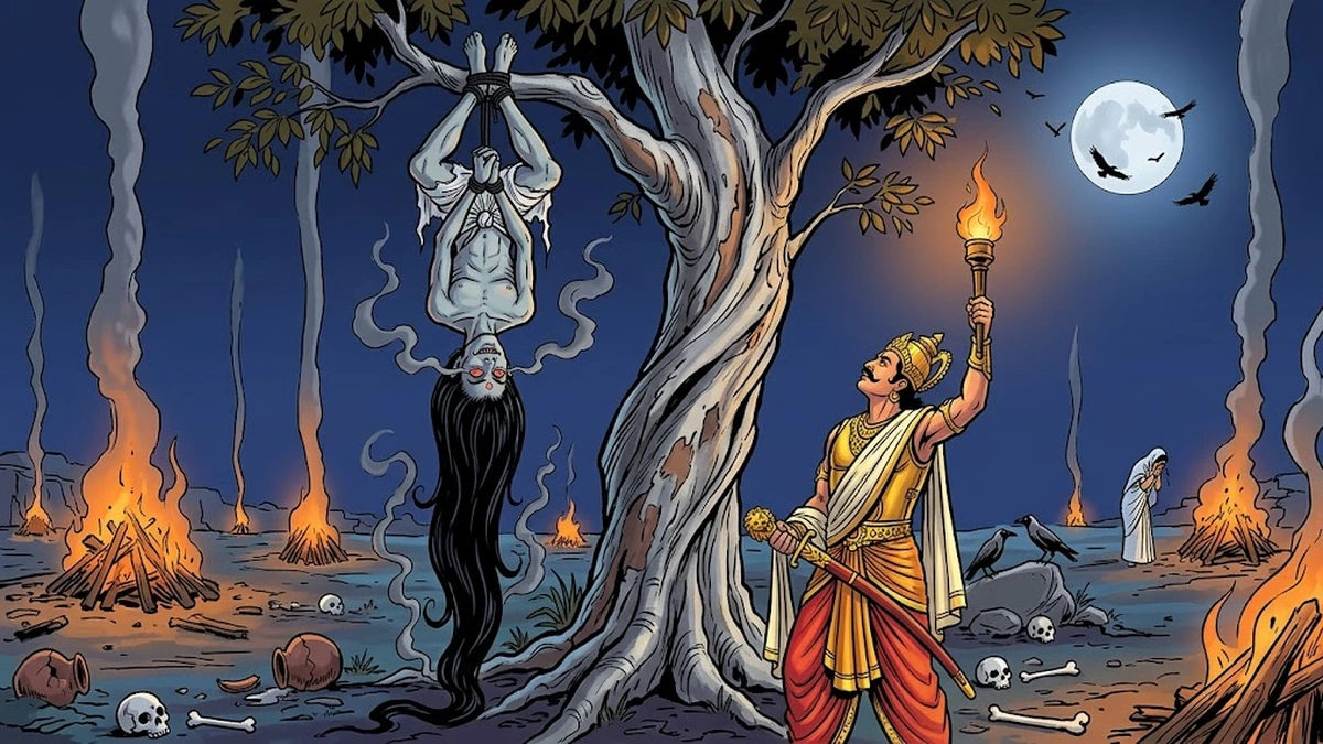 King Vikramaditya carries the Vetala vampire on his shoulders through the dark cremation ground at midnight