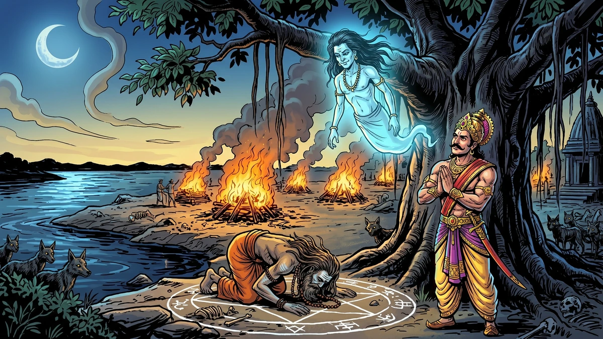 The evil sorcerer prostrates in the ritual circle as Vikramaditya watches and the Vetala floats free above them