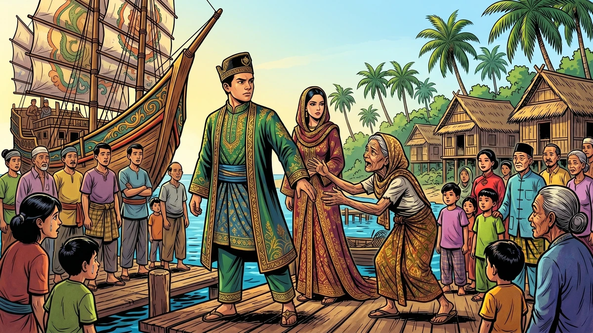 Si Tanggang confronting his mother at the harbor dock - Amar Chitra Katha style illustration