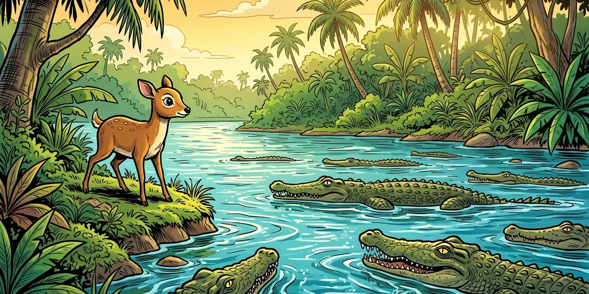 Kancil the clever mouse deer stands at a tropical river's edge, eyeing lush mango trees on the far bank